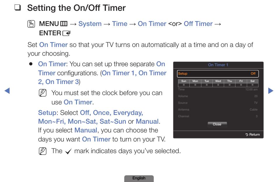 Setting the on/off timer, The c mark indicates days you’ve selected | Samsung PN51E490B4FXZA User Manual | Page 86 / 195