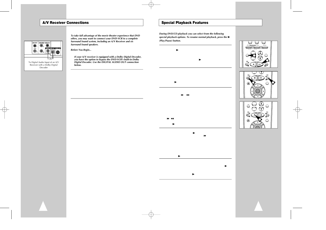 Special playback features, A/v receiver connections | Samsung DVD-V7070-AFS User Manual | Page 17 / 29