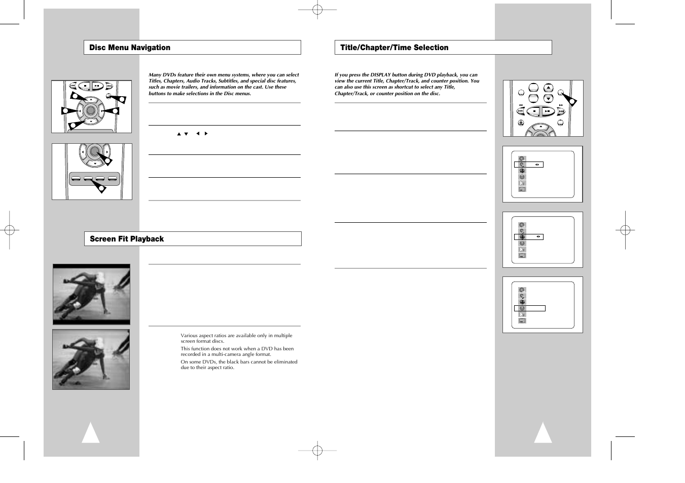 Title/chapter/time selection, Disc menu navigation screen fit playback | Samsung DVD-V7070-AFS User Manual | Page 18 / 29