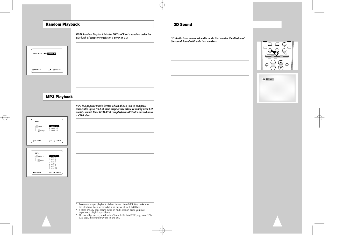 3d sound, Random playback mp3 playback | Samsung DVD-V7070-AFS User Manual | Page 22 / 29