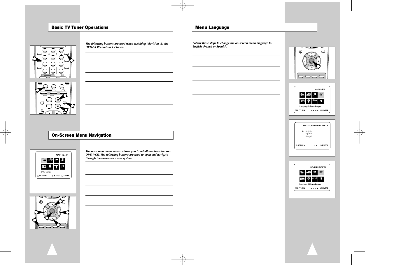 Menu language, Basic tv tuner operations, On-screen menu navigation | Samsung DVD-V7070-AFS User Manual | Page 9 / 29