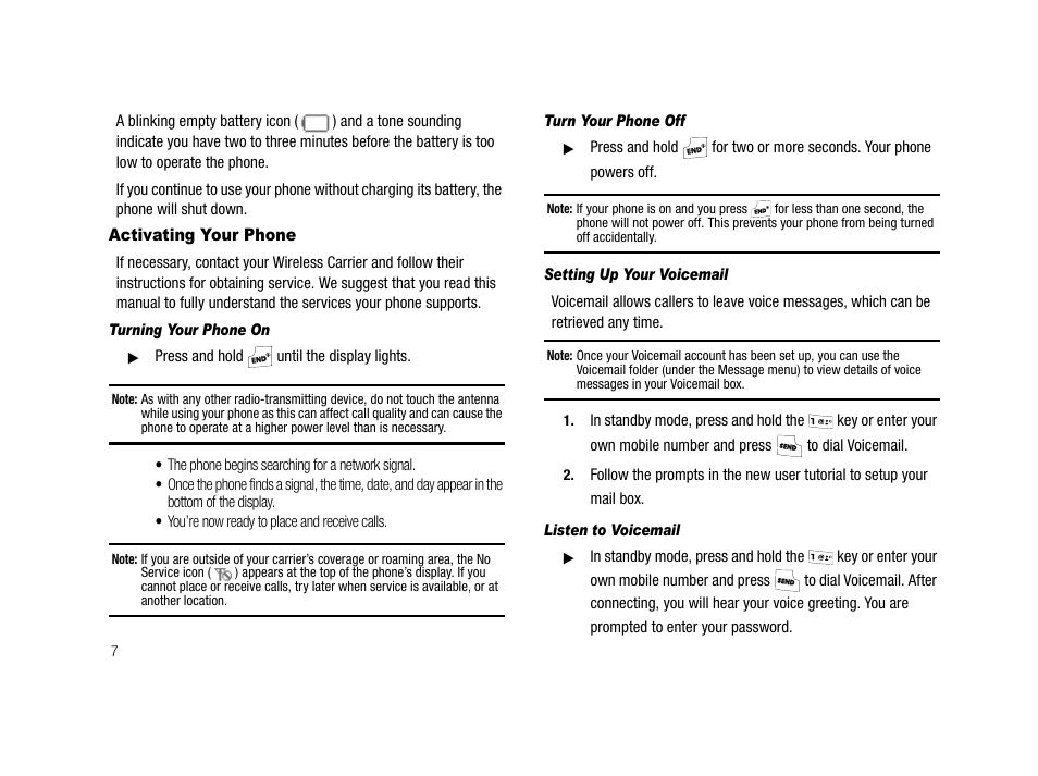 Activating your phone, Turning your phone on, Turn your phone off | Setting up your voicemail, Listen to voicemail | Samsung SCH-R210LSAMTR User Manual | Page 10 / 112