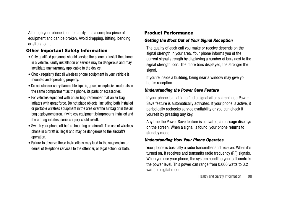 Other important safety information, Product performance, Getting the most out of your signal reception | Understanding the power save feature, Understanding how your phone operates | Samsung SCH-R210LSAMTR User Manual | Page 101 / 112