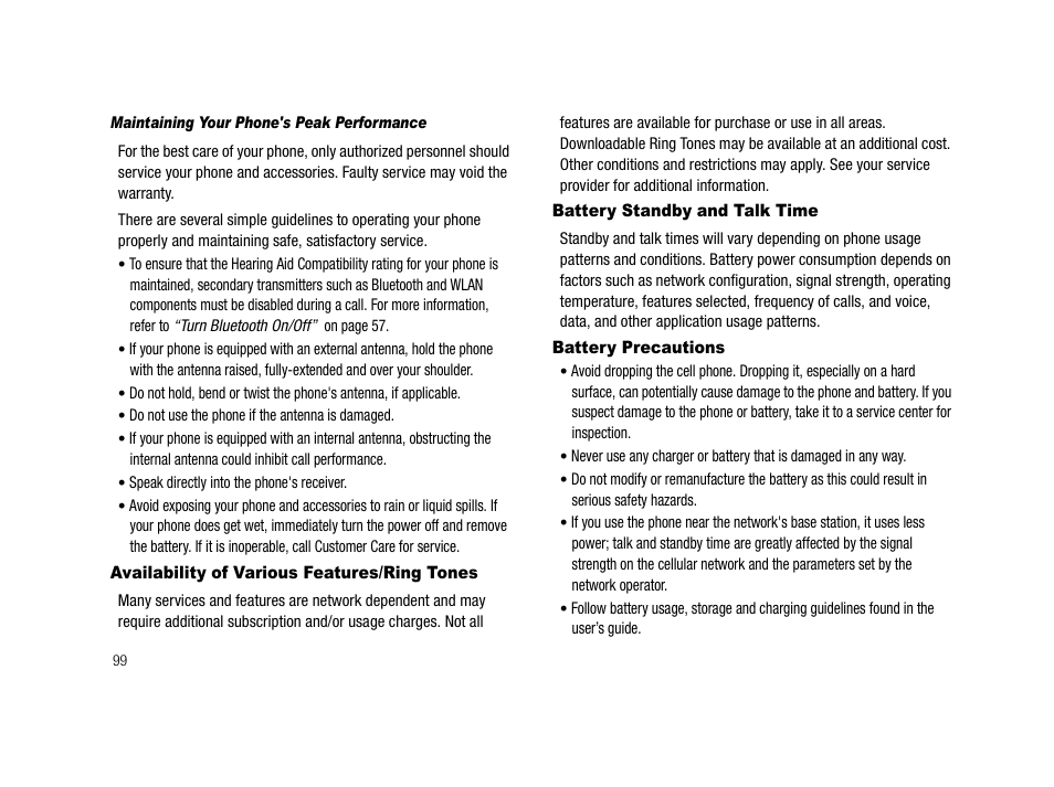 Maintaining your phone's peak performance, Availability of various features/ring tones, Battery standby and talk time | Battery precautions | Samsung SCH-R210LSAMTR User Manual | Page 102 / 112