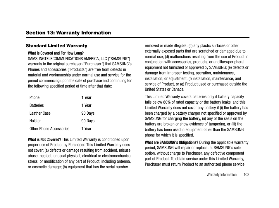 Section 13: warranty information, Standard limited warranty | Samsung SCH-R210LSAMTR User Manual | Page 105 / 112