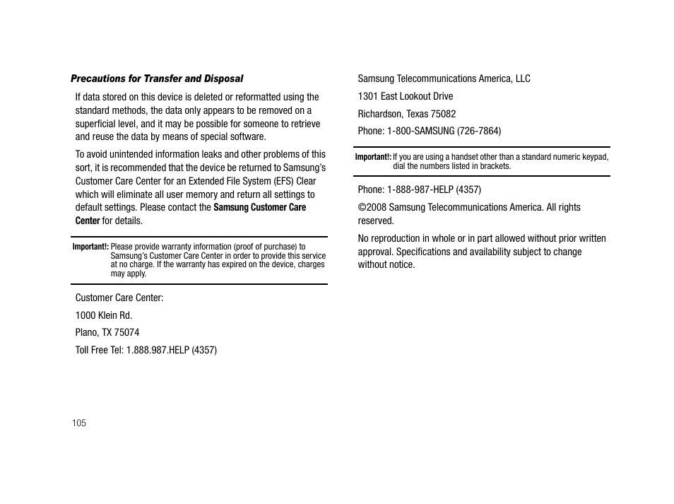 Precautions for transfer and disposal | Samsung SCH-R210LSAMTR User Manual | Page 108 / 112