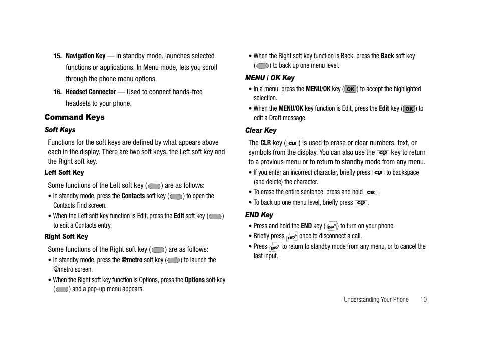 Command keys, Soft keys, Left soft key | Right soft key, Menu / ok key, Clear key, End key | Samsung SCH-R210LSAMTR User Manual | Page 13 / 112