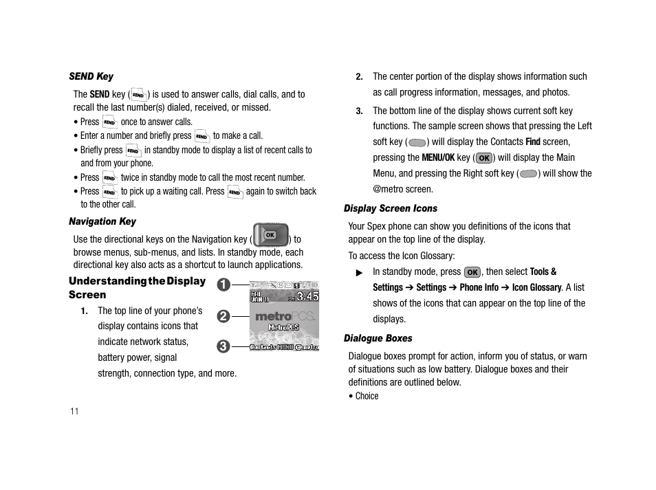 Send key, Navigation key, Understanding the display screen | Display screen icons, Dialogue boxes | Samsung SCH-R210LSAMTR User Manual | Page 14 / 112
