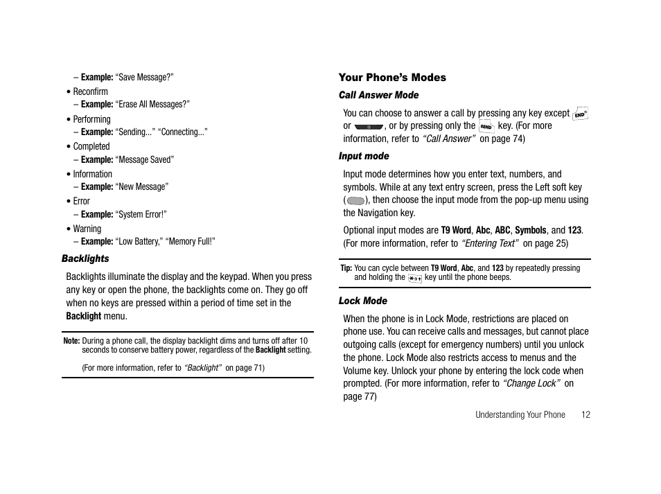 Backlights, Your phone’s modes, Call answer mode | Input mode, Lock mode | Samsung SCH-R210LSAMTR User Manual | Page 15 / 112