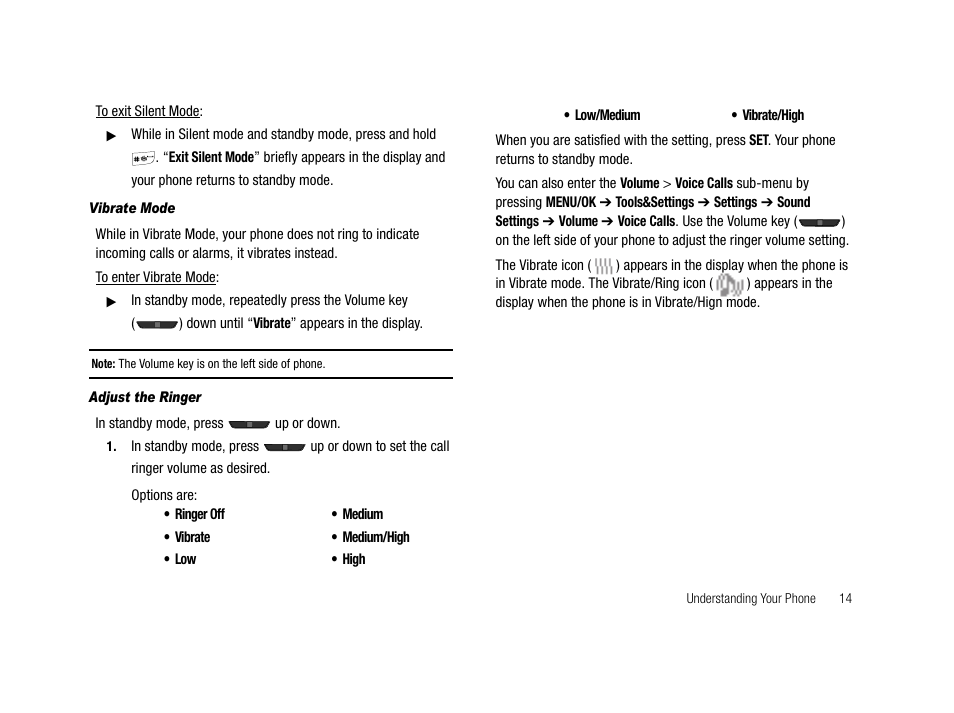 Vibrate mode, Adjust the ringer | Samsung SCH-R210LSAMTR User Manual | Page 17 / 112