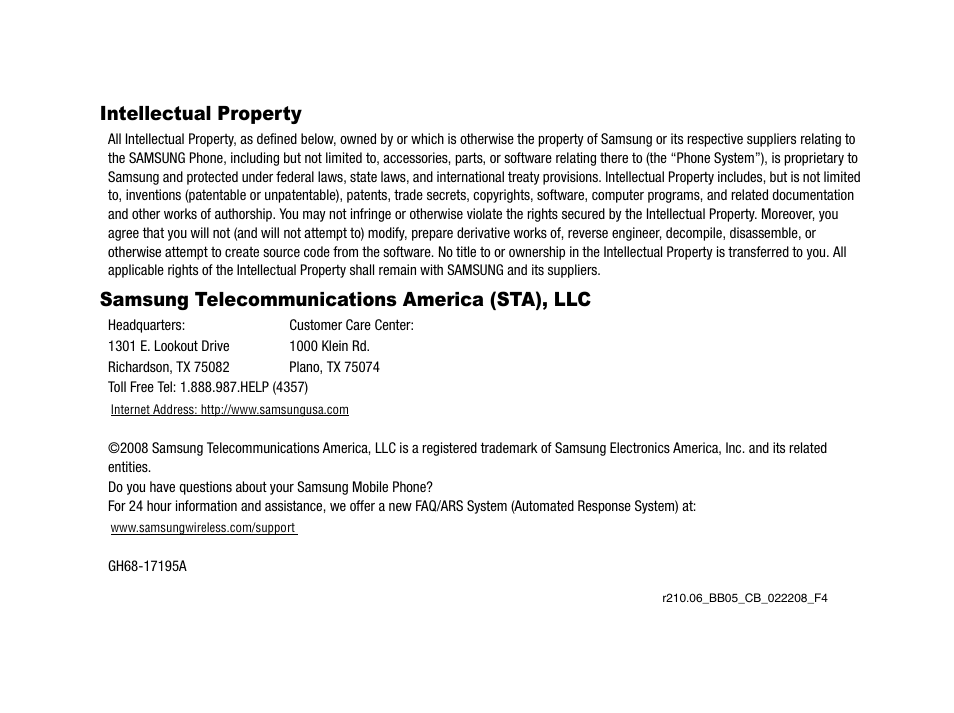 Intellectual property, Samsung telecommunications america (sta), llc | Samsung SCH-R210LSAMTR User Manual | Page 2 / 112