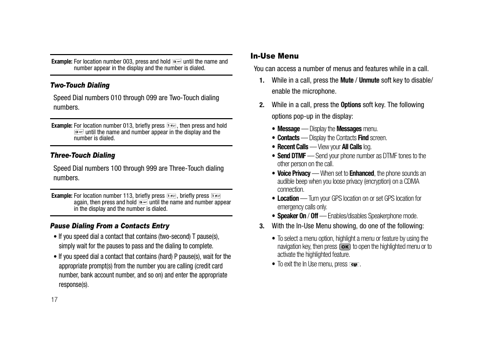 Two-touch dialing, Three-touch dialing, Pause dialing from a contacts entry | In-use menu | Samsung SCH-R210LSAMTR User Manual | Page 20 / 112