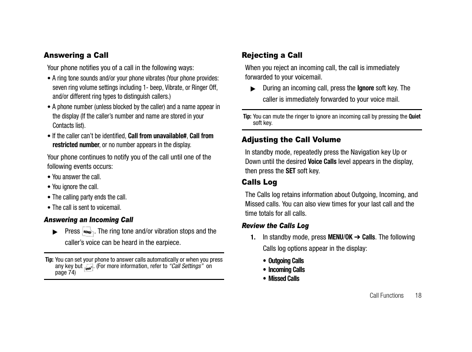Answering a call, Answering an incoming call, Rejecting a call | Adjusting the call volume, Calls log, Review the calls log | Samsung SCH-R210LSAMTR User Manual | Page 21 / 112
