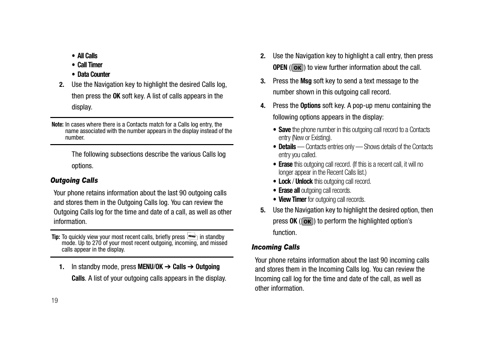 Outgoing calls, Incoming calls | Samsung SCH-R210LSAMTR User Manual | Page 22 / 112