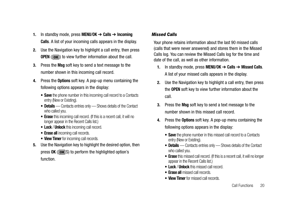 Missed calls | Samsung SCH-R210LSAMTR User Manual | Page 23 / 112