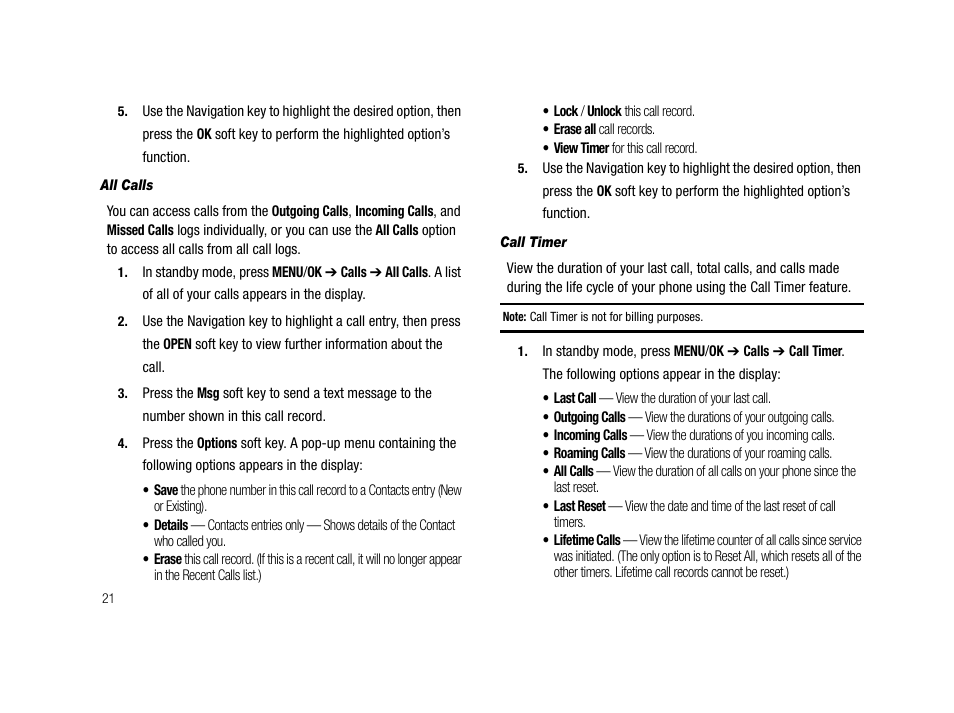 All calls, Call timer | Samsung SCH-R210LSAMTR User Manual | Page 24 / 112
