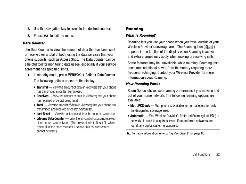 Data counter, Roaming, What is roaming | How roaming works | Samsung SCH-R210LSAMTR User Manual | Page 25 / 112