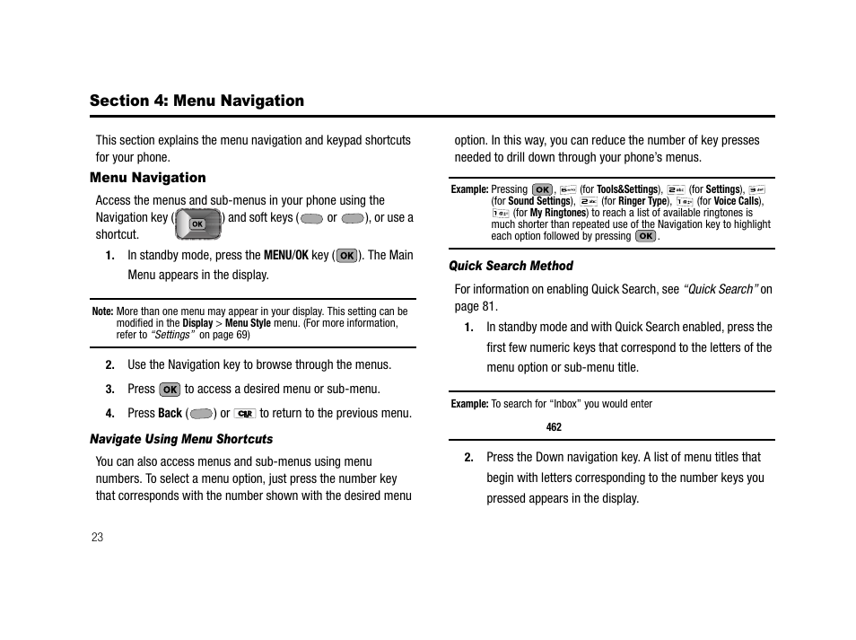 Section 4: menu navigation, Menu navigation, Navigate using menu shortcuts | Quick search method | Samsung SCH-R210LSAMTR User Manual | Page 26 / 112