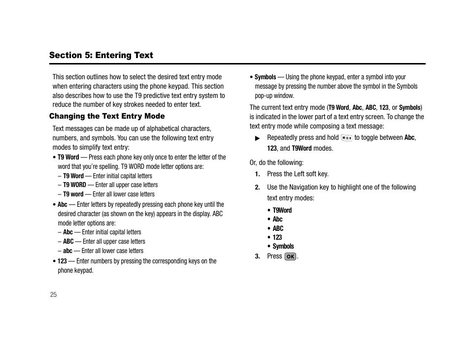 Section 5: entering text, Changing the text entry mode, All. (for more | Samsung SCH-R210LSAMTR User Manual | Page 28 / 112