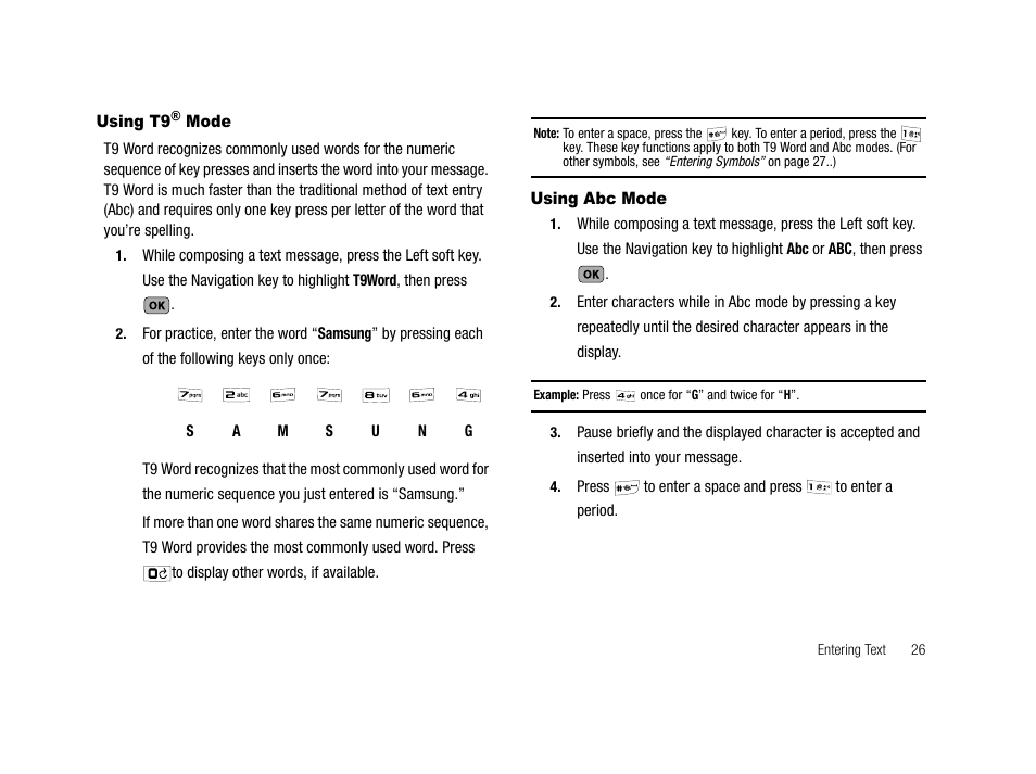 Using t9® mode, Using abc mode, Using t9® mode using abc mode | Samsung SCH-R210LSAMTR User Manual | Page 29 / 112
