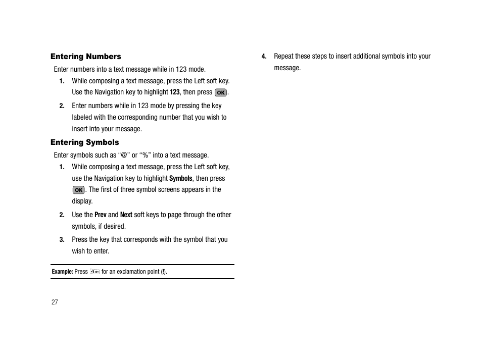 Entering numbers, Entering symbols, Entering numbers entering symbols | Samsung SCH-R210LSAMTR User Manual | Page 30 / 112