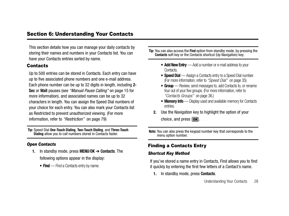 Section 6: understanding your contacts, Contacts, Open contacts | Finding a contacts entry, Shortcut key method, Contacts finding a contacts entry | Samsung SCH-R210LSAMTR User Manual | Page 31 / 112