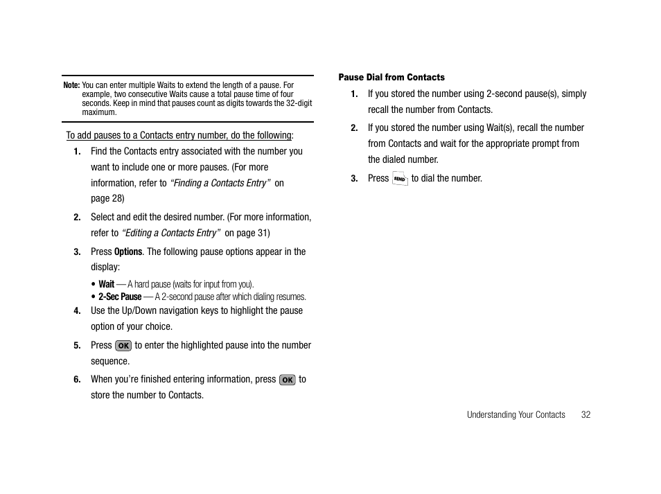 Pause dial from contacts | Samsung SCH-R210LSAMTR User Manual | Page 35 / 112