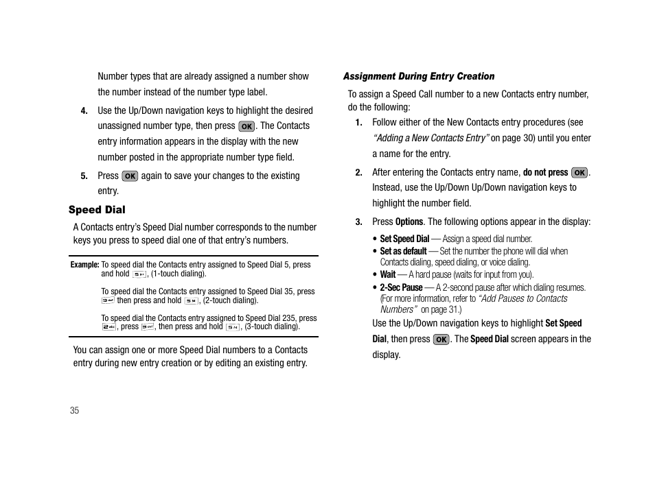 Speed dial, Assignment during entry creation | Samsung SCH-R210LSAMTR User Manual | Page 38 / 112