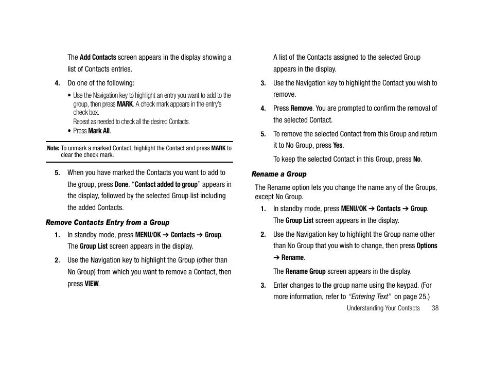 Remove contacts entry from a group, Rename a group | Samsung SCH-R210LSAMTR User Manual | Page 41 / 112