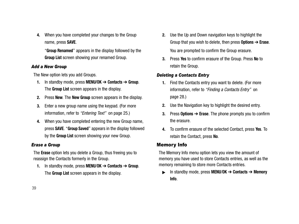 Add a new group, Erase a group, Deleting a contacts entry | Memory info | Samsung SCH-R210LSAMTR User Manual | Page 42 / 112