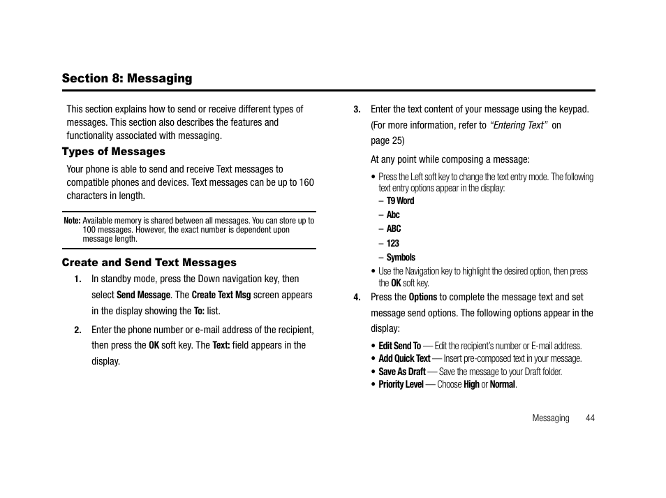 Section 8: messaging, Types of messages, Create and send text messages | Types of messages create and send text messages | Samsung SCH-R210LSAMTR User Manual | Page 47 / 112