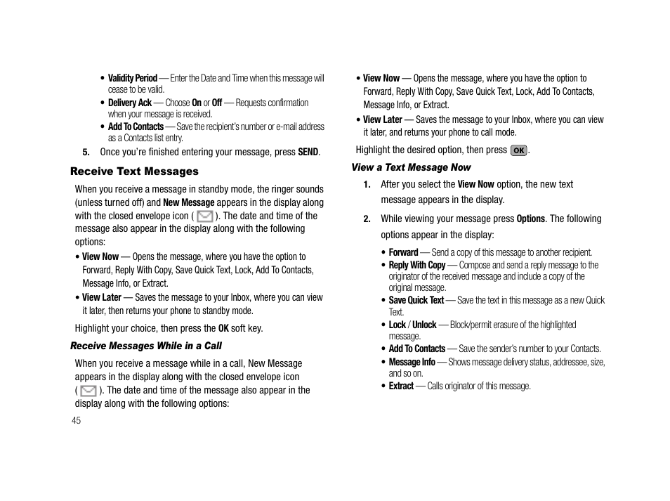 Receive text messages, Receive messages while in a call, View a text message now | Samsung SCH-R210LSAMTR User Manual | Page 48 / 112