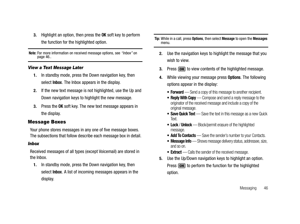 View a text message later, Message boxes, Inbox | Samsung SCH-R210LSAMTR User Manual | Page 49 / 112