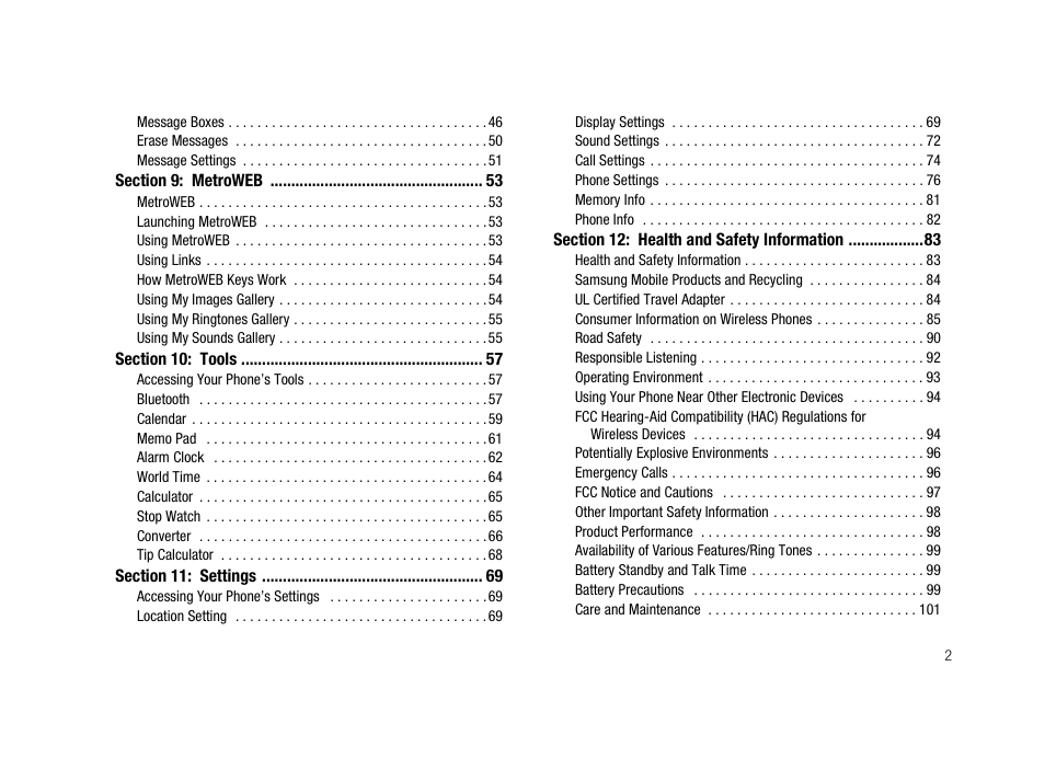 Section 9: metroweb 53, Section 10: tools 57, Section 11: settings 69 | Section 12: health and safety information 83 | Samsung SCH-R210LSAMTR User Manual | Page 5 / 112