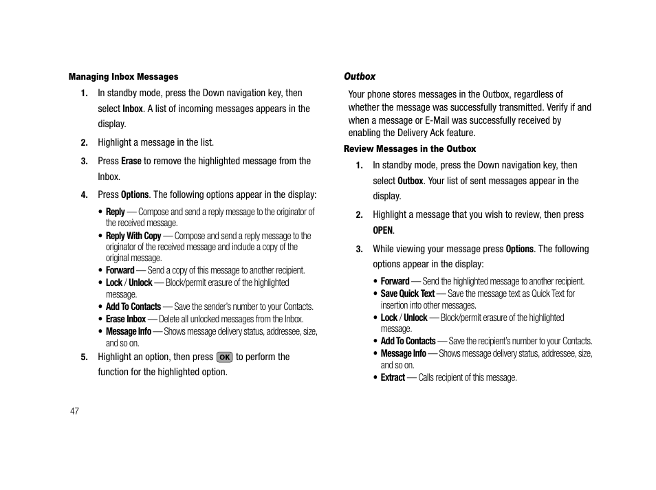 Managing inbox messages, Outbox, Review messages in the outbox | Samsung SCH-R210LSAMTR User Manual | Page 50 / 112