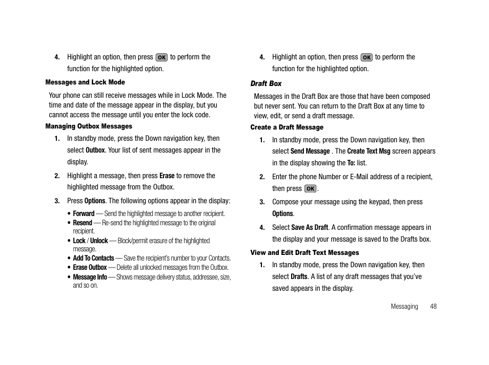 Messages and lock mode, Managing outbox messages, Draft box | Create a draft message, View and edit draft text messages | Samsung SCH-R210LSAMTR User Manual | Page 51 / 112