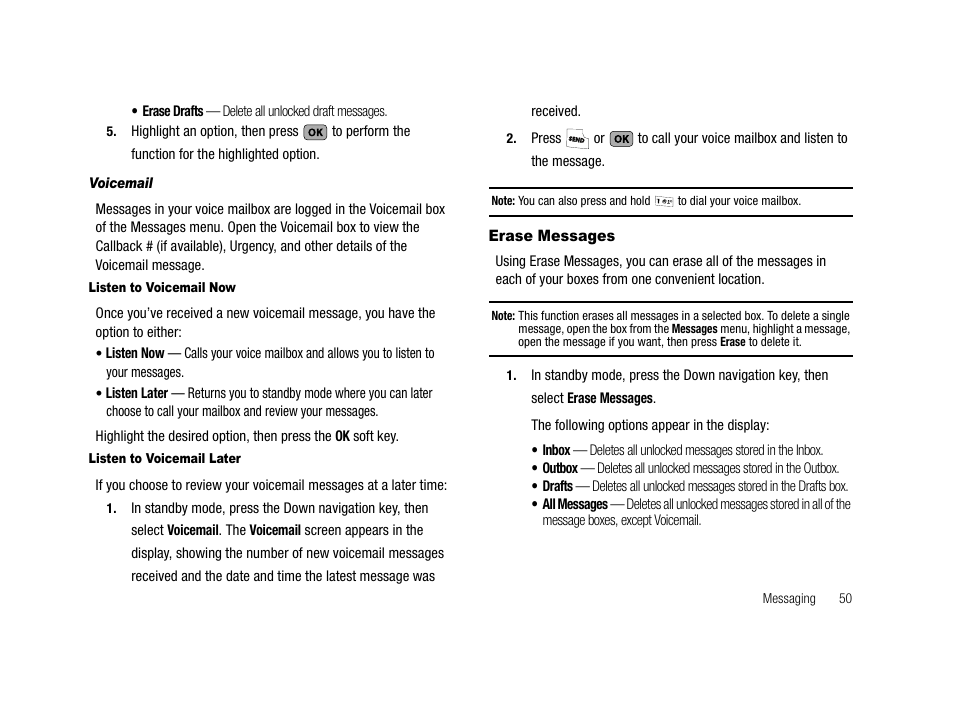 Voicemail, Listen to voicemail now, Listen to voicemail later | Erase messages | Samsung SCH-R210LSAMTR User Manual | Page 53 / 112