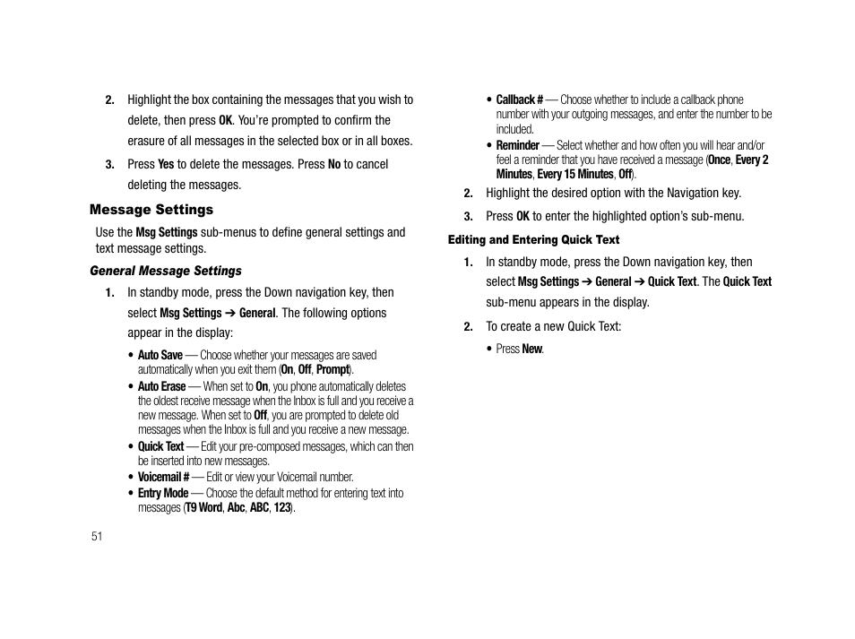 Message settings, General message settings, Editing and entering quick text | Samsung SCH-R210LSAMTR User Manual | Page 54 / 112