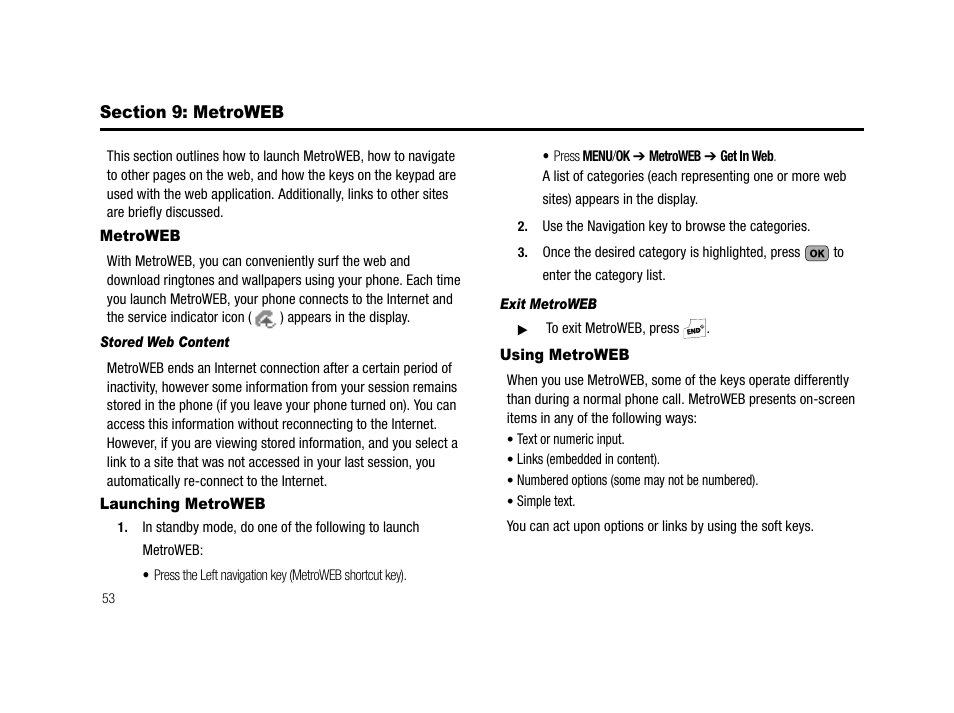 Section 9: metroweb, Metroweb, Stored web content | Launching metroweb, Exit metroweb, Using metroweb, Metroweb launching metroweb using metroweb | Samsung SCH-R210LSAMTR User Manual | Page 56 / 112