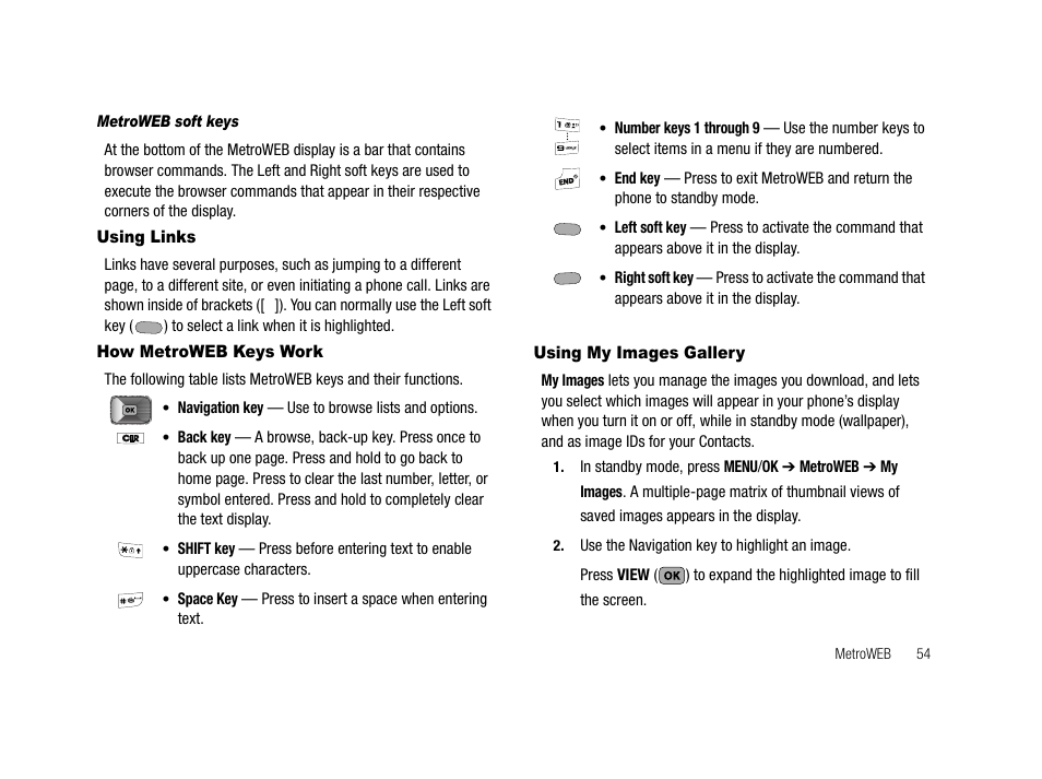 Metroweb soft keys, Using links, How metroweb keys work | Using my images gallery | Samsung SCH-R210LSAMTR User Manual | Page 57 / 112