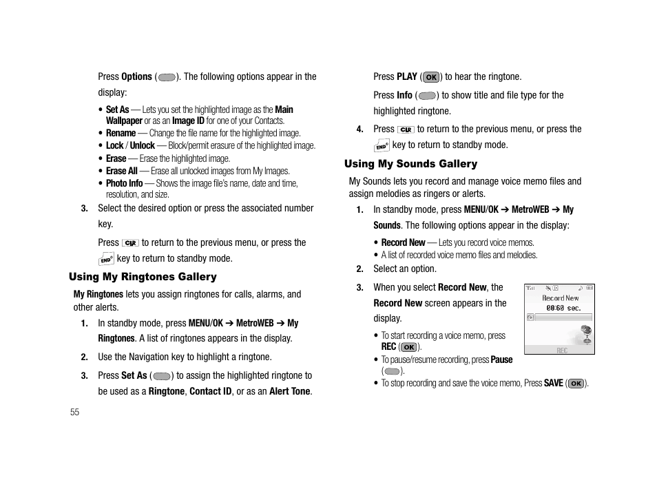 Using my ringtones gallery, Using my sounds gallery, Using my ringtones gallery using my sounds gallery | Samsung SCH-R210LSAMTR User Manual | Page 58 / 112
