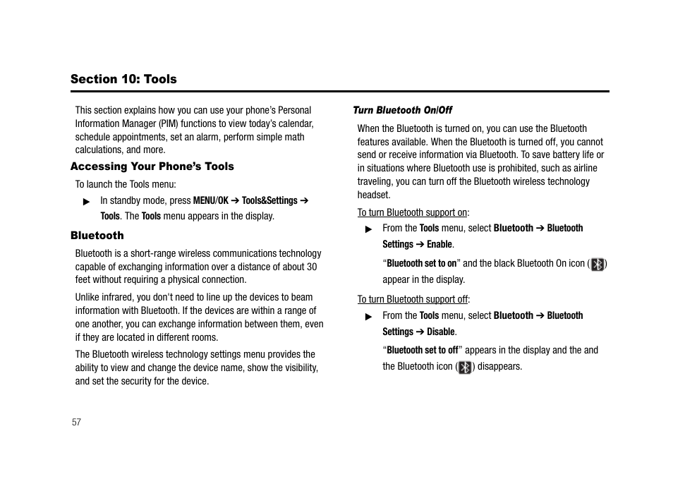 Section 10: tools, Accessing your phone’s tools, Bluetooth | Turn bluetooth on/off, Accessing your phone’s tools bluetooth | Samsung SCH-R210LSAMTR User Manual | Page 60 / 112