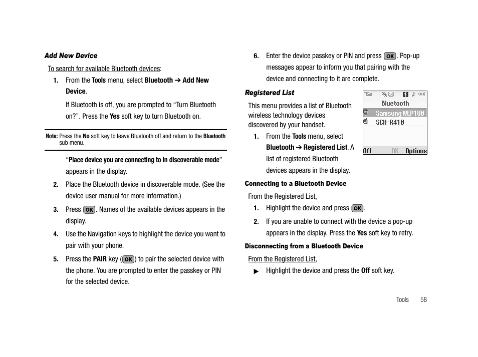 Add new device, Registered list, Connecting to a bluetooth device | Disconnecting from a bluetooth device | Samsung SCH-R210LSAMTR User Manual | Page 61 / 112