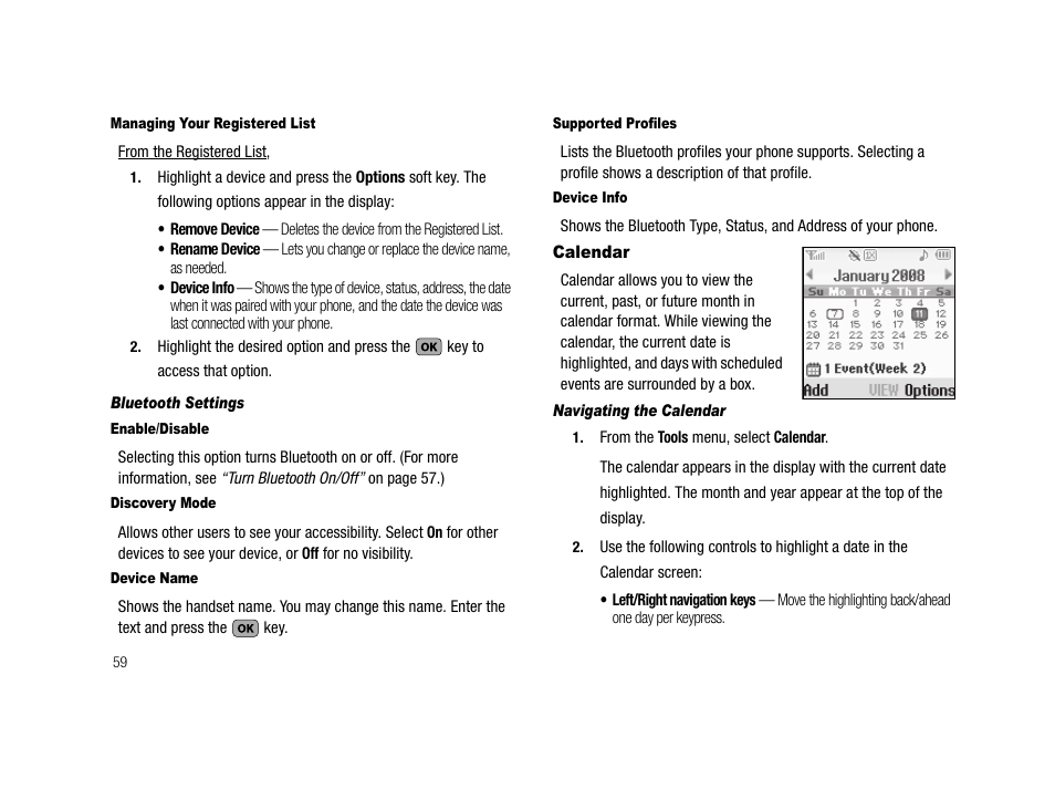 Managing your registered list, Bluetooth settings, Enable/disable | Discovery mode, Device name, Supported profiles, Device info, Calendar, Navigating the calendar | Samsung SCH-R210LSAMTR User Manual | Page 62 / 112