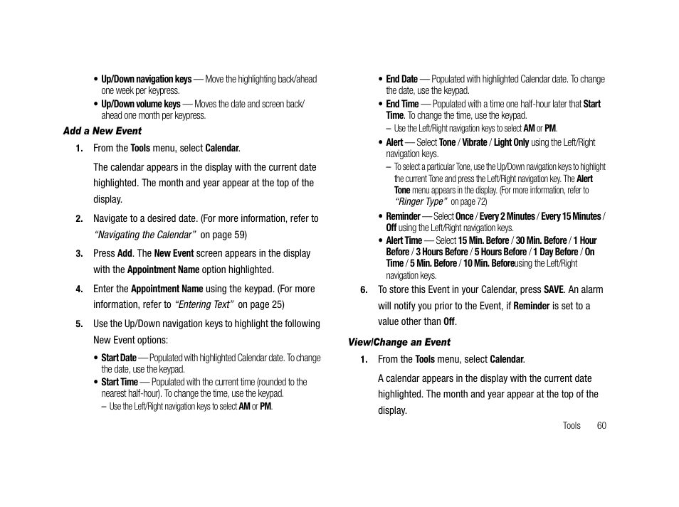 Add a new event, View/change an event | Samsung SCH-R210LSAMTR User Manual | Page 63 / 112
