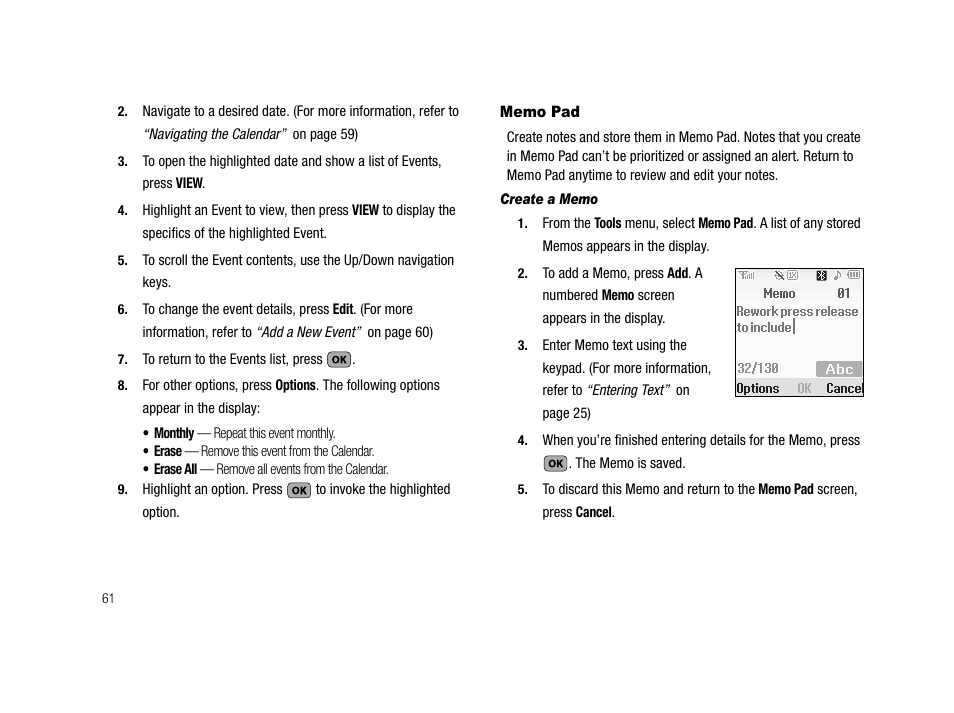 Memo pad, Create a memo | Samsung SCH-R210LSAMTR User Manual | Page 64 / 112