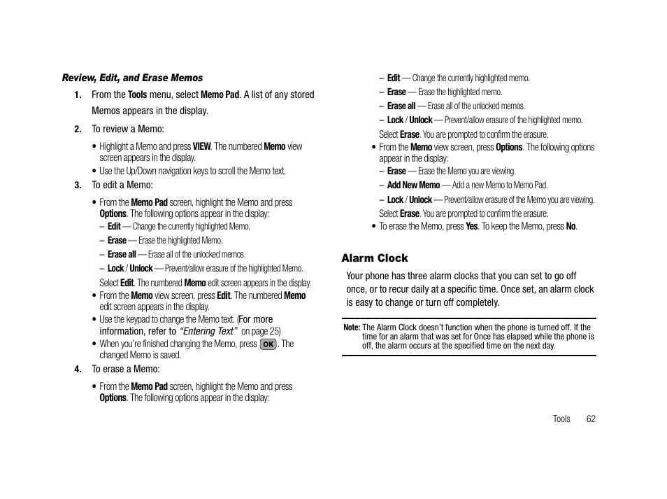 Review, edit, and erase memos, Alarm clock | Samsung SCH-R210LSAMTR User Manual | Page 65 / 112