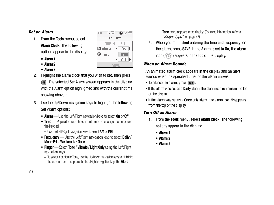 Set an alarm, When an alarm sounds, Turn off an alarm | Samsung SCH-R210LSAMTR User Manual | Page 66 / 112