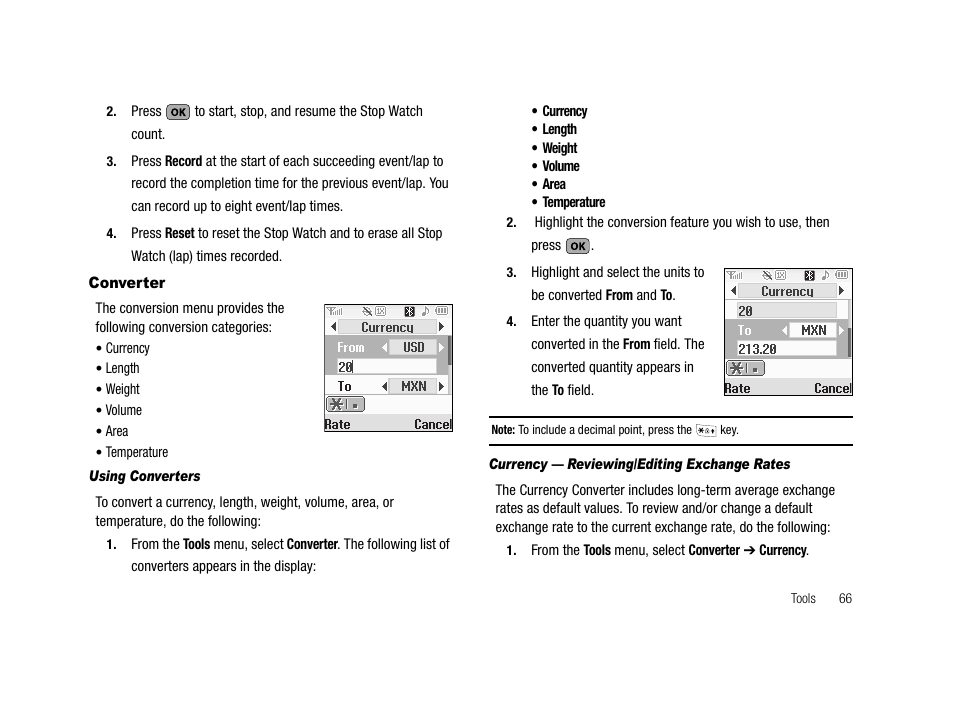 Converter, Using converters, Currency - reviewing/editing exchange rates | Samsung SCH-R210LSAMTR User Manual | Page 69 / 112