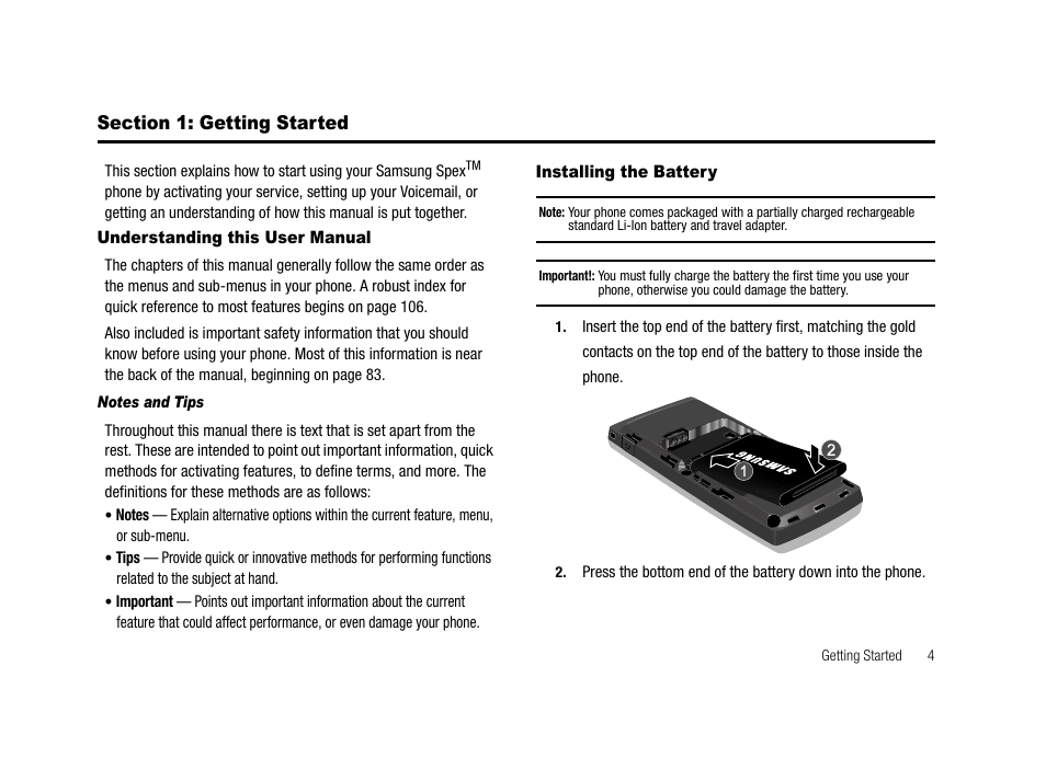 Section 1: getting started, Understanding this user manual, Notes and tips | Installing the battery | Samsung SCH-R210LSAMTR User Manual | Page 7 / 112